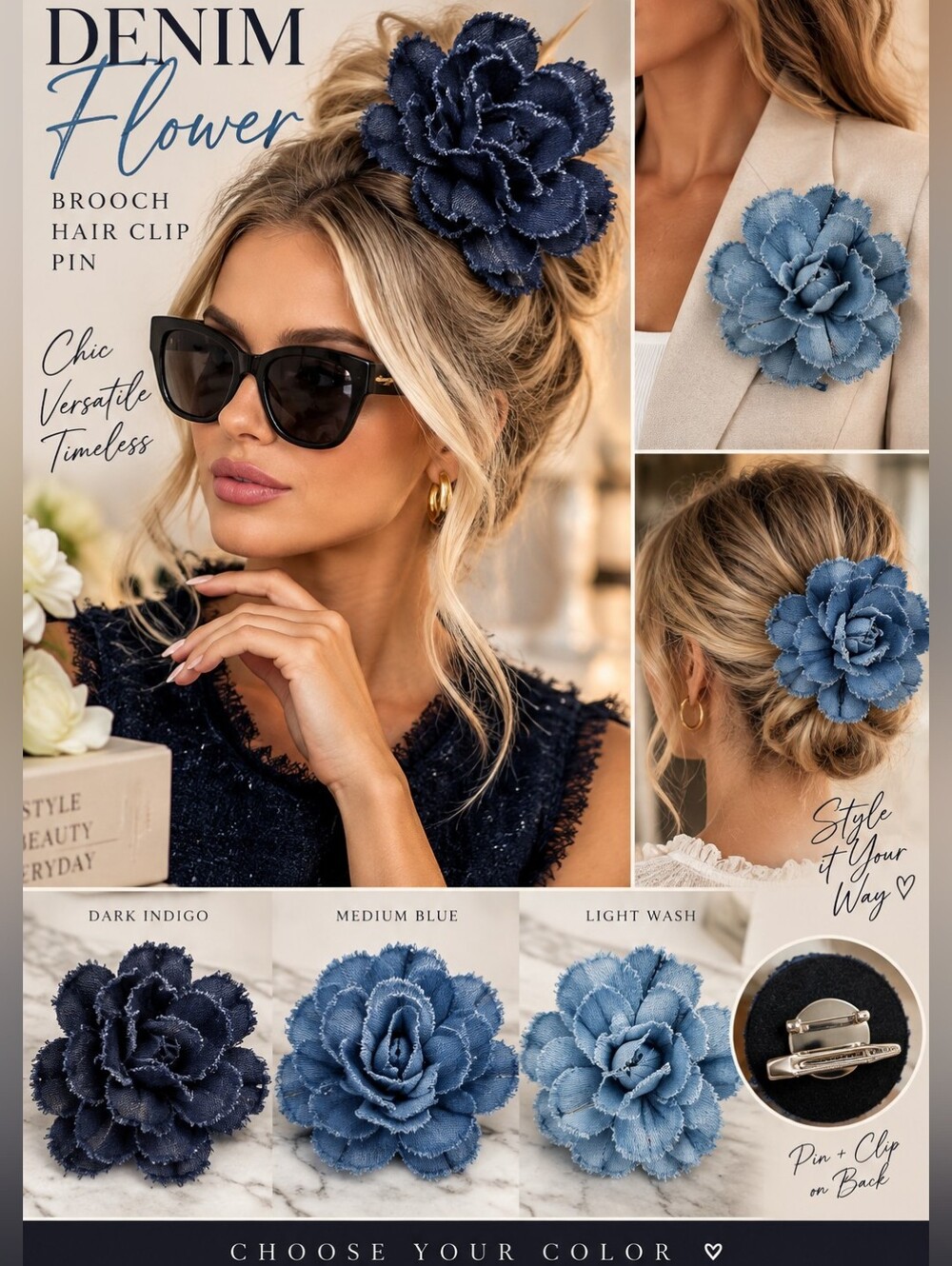 NEW Denim Flower Brooch Hair Clip Frayed Rose Pin Choose Your Blue
